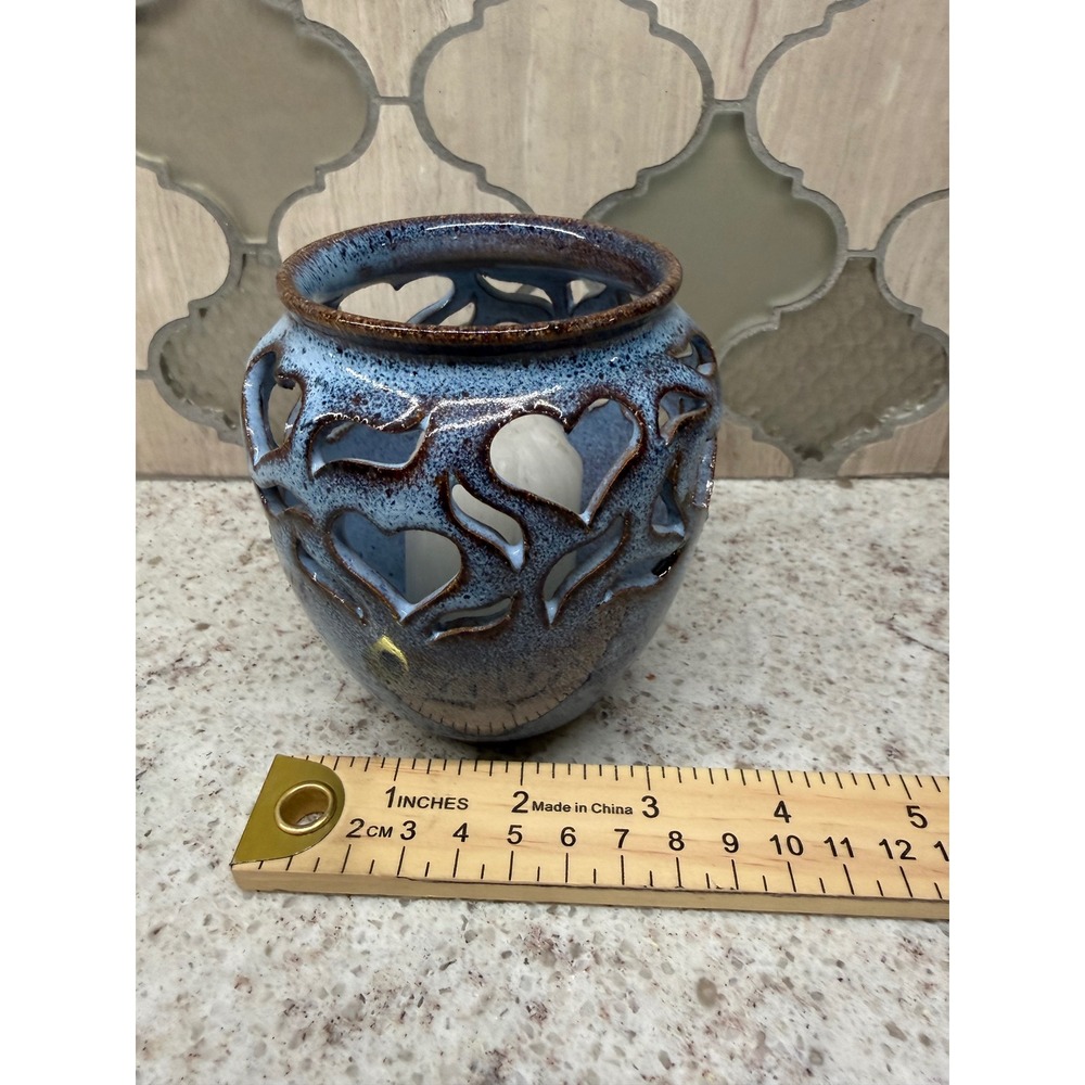 Artisan Studio Pottery Heart Cutout Candle Holder Blue Speckled‎ Glaze Ceramic